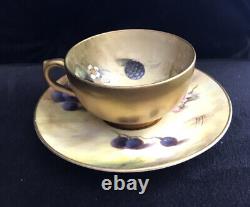 Antique Demitasse Royal Worcester Very Delicate Fruits Signed Cup & Saucer