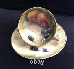 Antique Demitasse Royal Worcester Very Delicate Fruits Signed Cup & Saucer