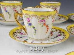 Antique Dresden HELENA WOLFSOHN FLORAL GOLD GILDED DEMITASSE 8 CUPS & 8 SAUCERS