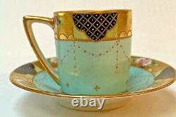 Antique Dresden Porcelain Blue Demitasse Cup & Saucer Hand Painted Signed