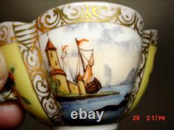 Antique Dresden Quatrafoil Demitasse Cups / Saucers Nautical Harbor Ships Scene