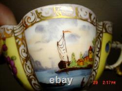 Antique Dresden Quatrafoil Demitasse Cups / Saucers Nautical Harbor Ships Scene