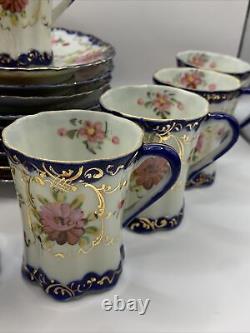 Antique Flow Blue Hand Painted Florals Thin Porcelain 9 Demitasse Cups/Saucers