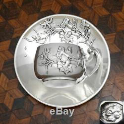 Antique French Sterling Silver Demitasse Cup & Saucer, Thistle Coffee Tea Moka