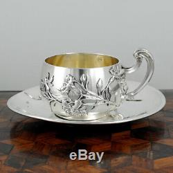 Antique French Sterling Silver Demitasse Cup & Saucer, Thistle Coffee Tea Moka