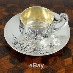 Antique French Sterling Silver Demitasse Cup & Saucer, Thistle Coffee Tea Moka