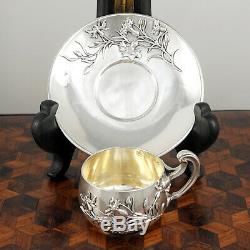 Antique French Sterling Silver Demitasse Cup & Saucer, Thistle Coffee Tea Moka