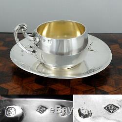 Antique French Sterling Silver Demitasse Cup & Saucer, Thistle Coffee Tea Moka