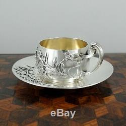 Antique French Sterling Silver Demitasse Cup & Saucer, Thistle Coffee Tea Moka