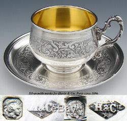 Antique French Sterling Silver Tea Cup & Saucer, Demitasse, Ornate Scroll Patter