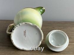 Antique Germany Chocolate Coffee Pot 6 Demitasse Cups Saucers Green Roses Gold