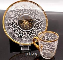 Antique Handmade Moser White Lace Guilt Trim Demitasse Cup and Saucer RARE