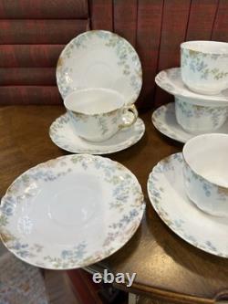 Antique Haviland Limoges France Porcelain 5 Cups & 9 Saucers Floral Blue