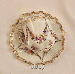 Antique Hirsch Dresden Demitasse Cup & Saucer, Garlands of Tiny Flowers