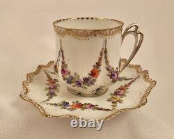 Antique Hirsch Dresden Demitasse Cup & Saucer, Garlands of Tiny Flowers