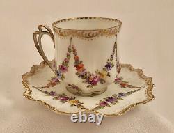 Antique Hirsch Dresden Demitasse Cup & Saucer, Garlands of Tiny Flowers