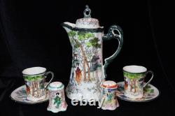 Antique Japanese Chocolate Coffee Pot 2 Demitasse Cups & Saucers 2 Shakers