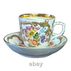 Antique KPM Demitasse Cup & Saucer Set Floral Raised Gold Germany 1870s