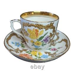 Antique KPM Demitasse Cup & Saucer Set Floral Raised Gold Germany 1870s