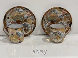 Antique Kutani Japanese c1900 Meiji Cups Saucers Signed Demitasse Pair Eggshell