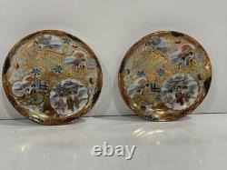Antique Kutani Japanese c1900 Meiji Cups Saucers Signed Demitasse Pair Eggshell