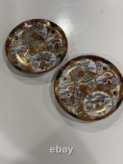 Antique Kutani Japanese c1900 Meiji Cups Saucers Signed Demitasse Pair Eggshell