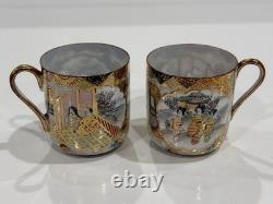Antique Kutani Japanese c1900 Meiji Cups Saucers Signed Demitasse Pair Eggshell