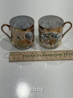 Antique Kutani Japanese c1900 Meiji Cups Saucers Signed Demitasse Pair Eggshell