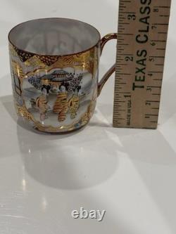 Antique Kutani Japanese c1900 Meiji Cups Saucers Signed Demitasse Pair Eggshell