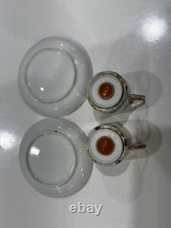 Antique Kutani Japanese c1900 Meiji Cups Saucers Signed Demitasse Pair Eggshell
