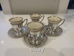 Antique Lenox Sterling Silver (. 925) Porcelain Demitasse Cups and Saucers (4)