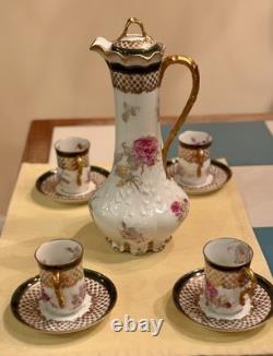 Antique Limoges Porcelain Chocolate Pot, 4 Demitasse Cups And Saucers Floral