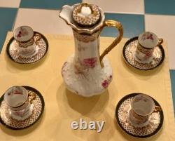Antique Limoges Porcelain Chocolate Pot, 4 Demitasse Cups And Saucers Floral