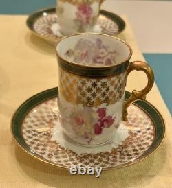 Antique Limoges Porcelain Chocolate Pot, 4 Demitasse Cups And Saucers Floral