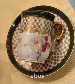 Antique Limoges Porcelain Chocolate Pot, 4 Demitasse Cups And Saucers Floral