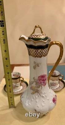 Antique Limoges Porcelain Chocolate Pot, 4 Demitasse Cups And Saucers Floral