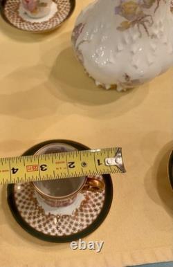 Antique Limoges Porcelain Chocolate Pot, 4 Demitasse Cups And Saucers Floral