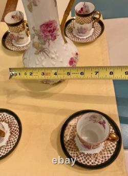 Antique Limoges Porcelain Chocolate Pot, 4 Demitasse Cups And Saucers Floral