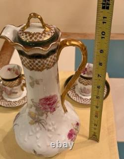 Antique Limoges Porcelain Chocolate Pot, 4 Demitasse Cups And Saucers Floral