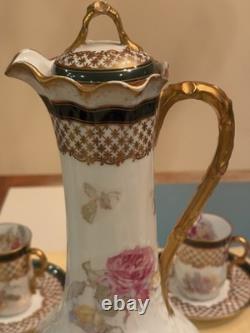 Antique Limoges Porcelain Chocolate Pot, 4 Demitasse Cups And Saucers Floral