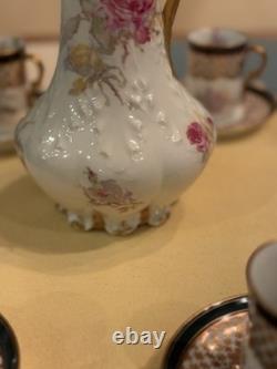 Antique Limoges Porcelain Chocolate Pot, 4 Demitasse Cups And Saucers Floral