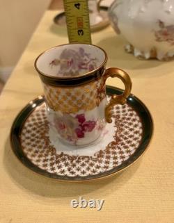 Antique Limoges Porcelain Chocolate Pot, 4 Demitasse Cups And Saucers Floral