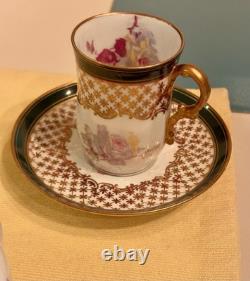 Antique Limoges Porcelain Chocolate Pot, 4 Demitasse Cups And Saucers Floral