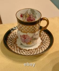 Antique Limoges Porcelain Chocolate Pot, 4 Demitasse Cups And Saucers Floral