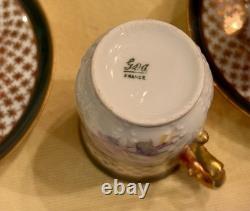 Antique Limoges Porcelain Chocolate Pot, 4 Demitasse Cups And Saucers Floral