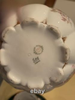 Antique Limoges Porcelain Chocolate Pot, 4 Demitasse Cups And Saucers Floral