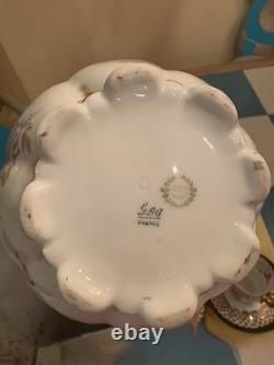 Antique Limoges Porcelain Chocolate Pot, 4 Demitasse Cups And Saucers Floral