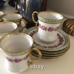 Antique Limoges. Porcelain Demitasse Cups Saucers ROSES w Enamel Double Gilt Set