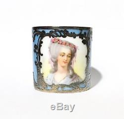 Antique Limoges Porcelain Silver Overlay Portrait Cabinet Demitasse Cup & Saucer