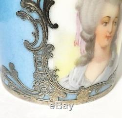 Antique Limoges Porcelain Silver Overlay Portrait Cabinet Demitasse Cup & Saucer